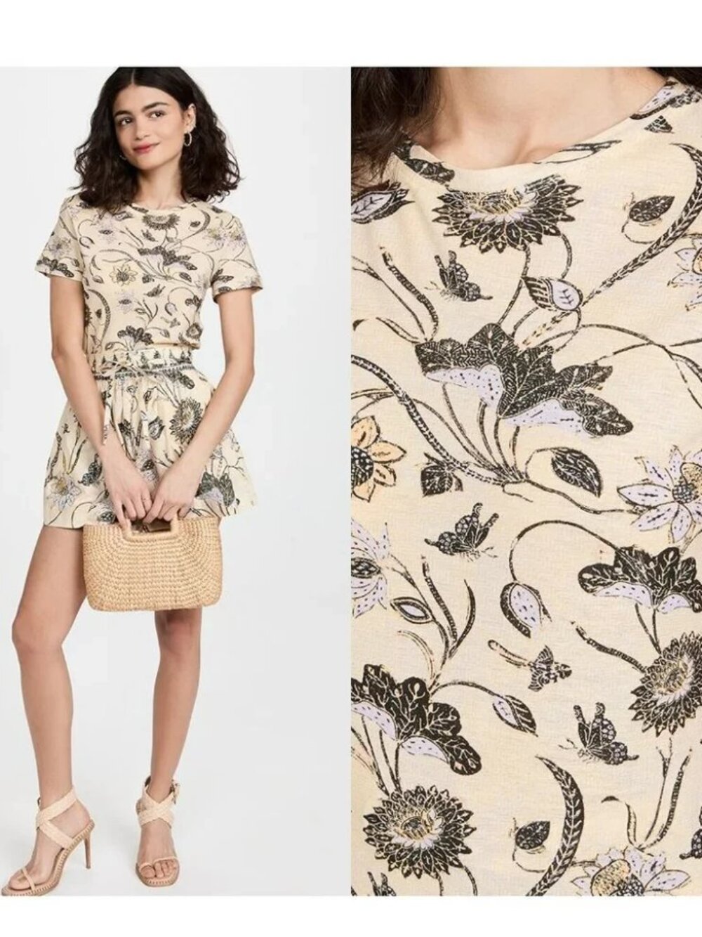 ULLA JOHNSON Estelle Shirt Womens Large Yellow Floral Print Cotton Scoop Tee Top